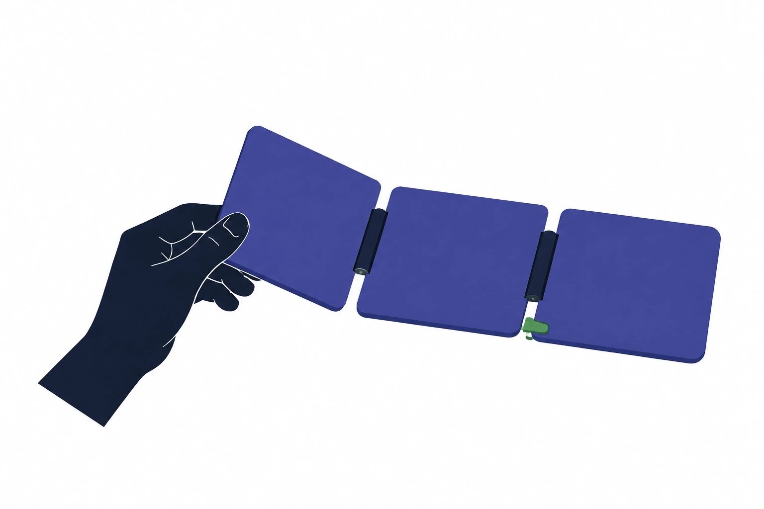 A hand unfolds a connected working surface.