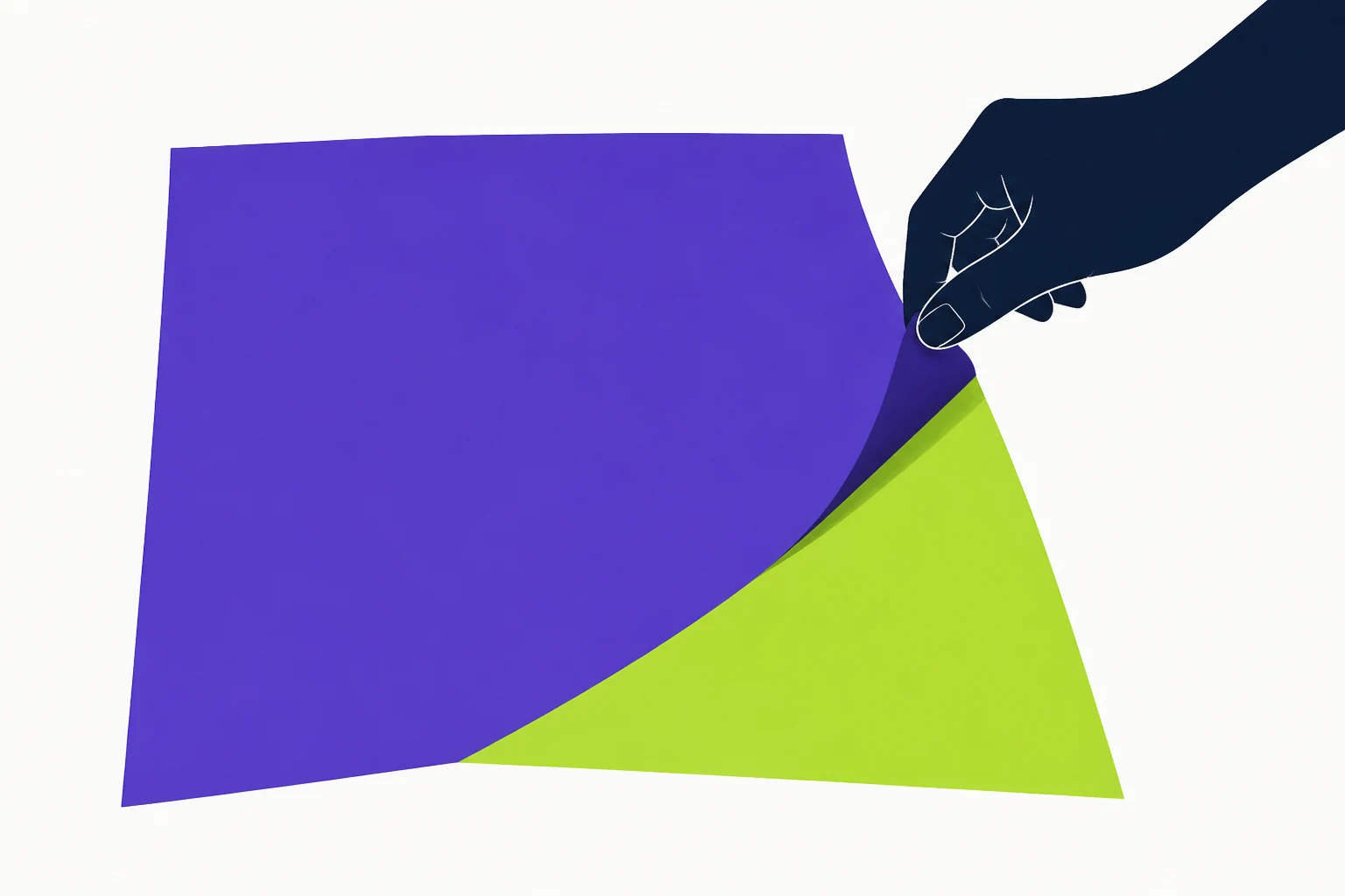 A hand lifts the corner of a violet sheet to reveal a lime surface.
