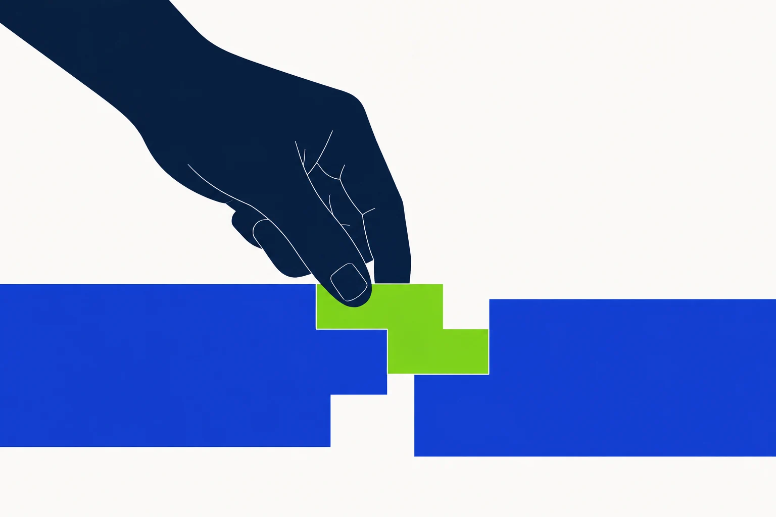 A hand places a lime connector between two offset blue surfaces.