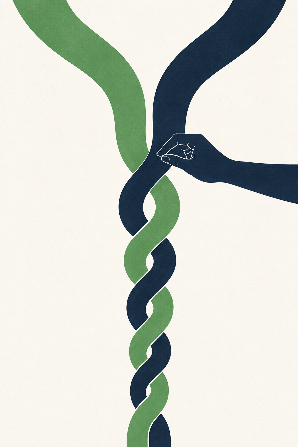 Green and navy streams are guided together by a hand, becoming one vertical weave.