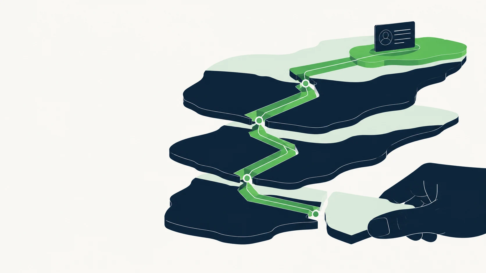 A green thread links layers of data to a working screen.