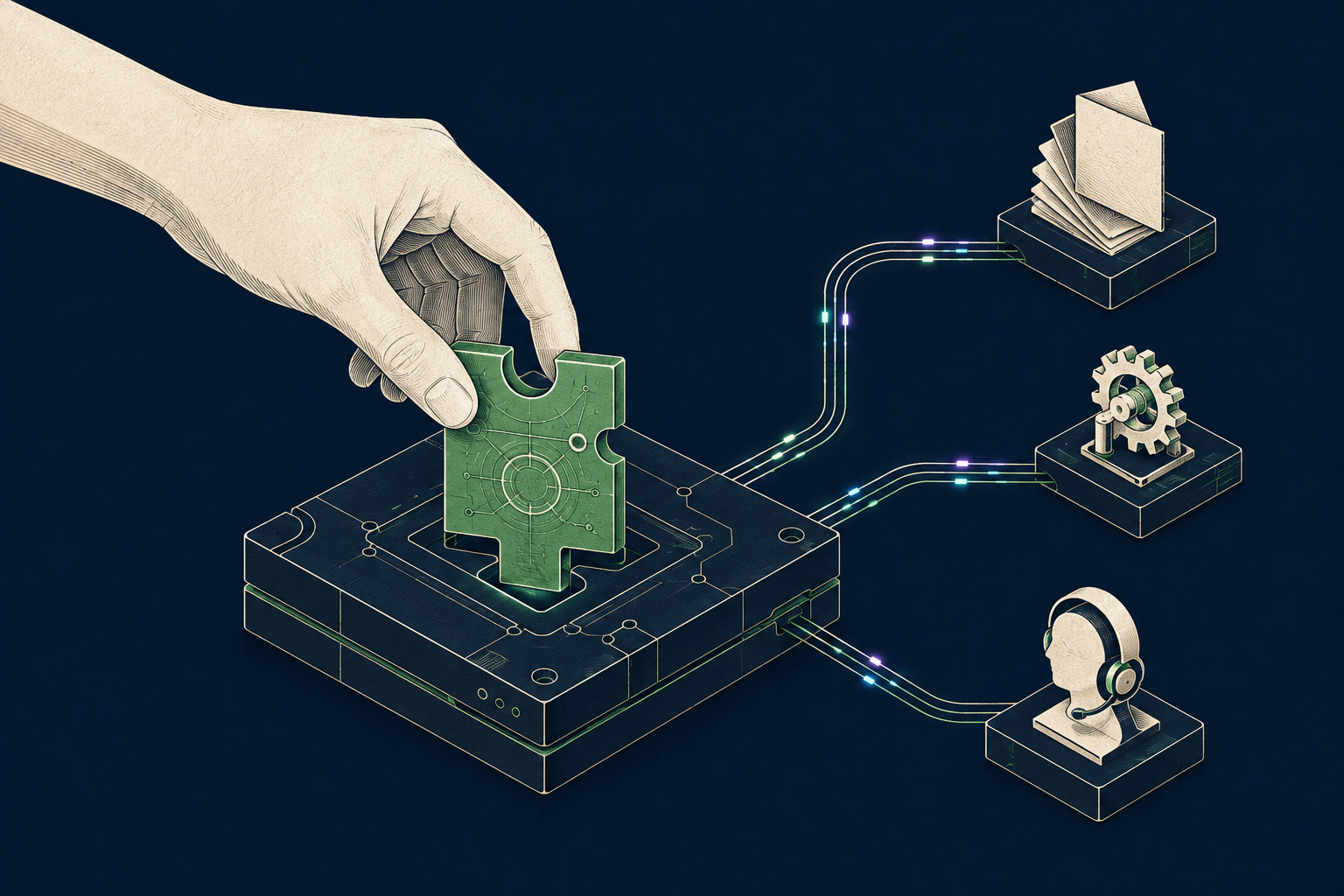 An illustrated hand fits a custom AI component into a connected system. Signals travel to decision, operations and customer-service stations.
