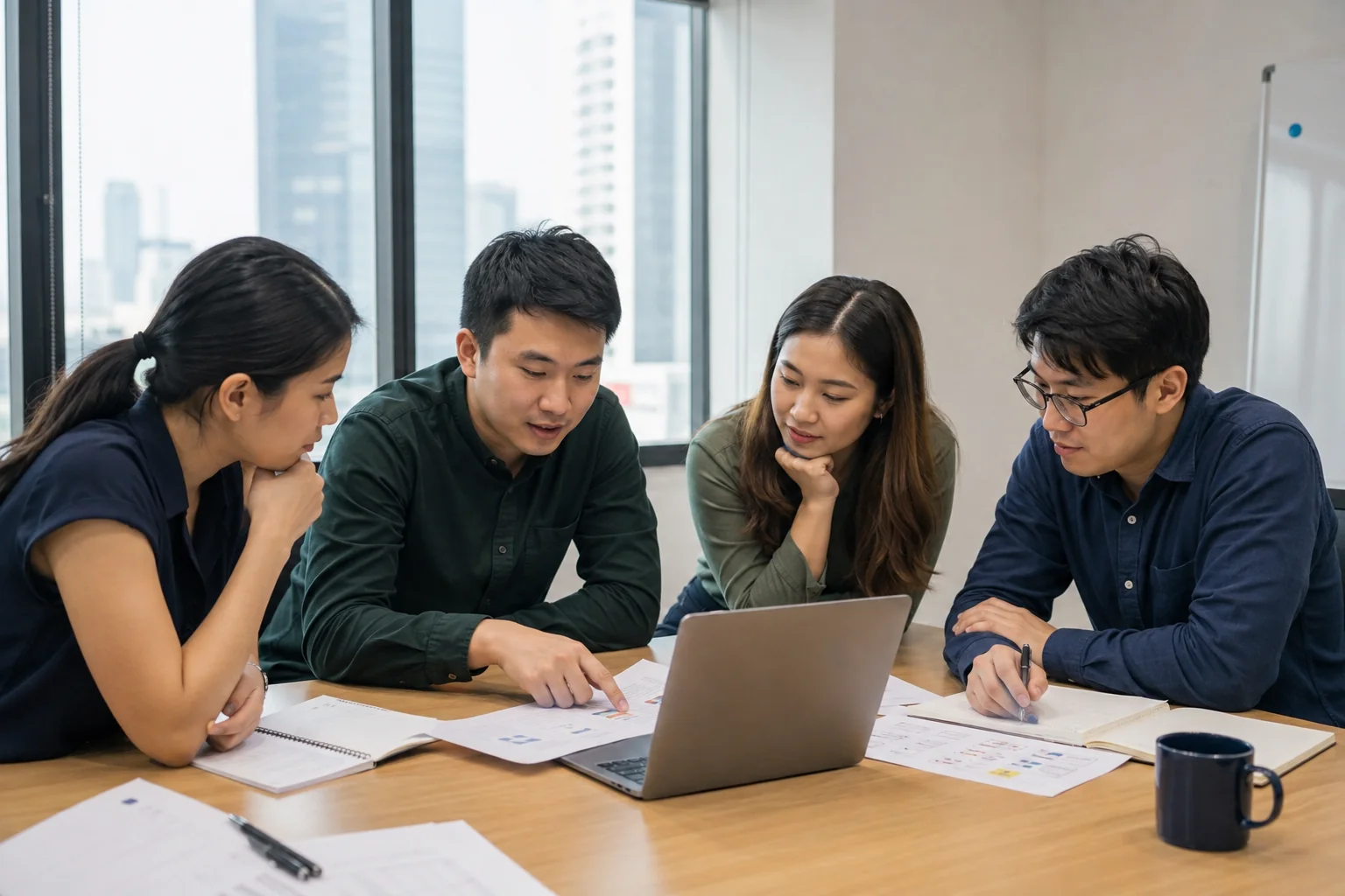 Illustrative scene of a team reviewing documents and a laptop in a working session.